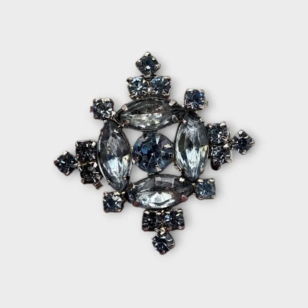 Ice Blue Starburst Rhinestone Brooch Silver Tone Mixed Cut Mid Century Cool Glam